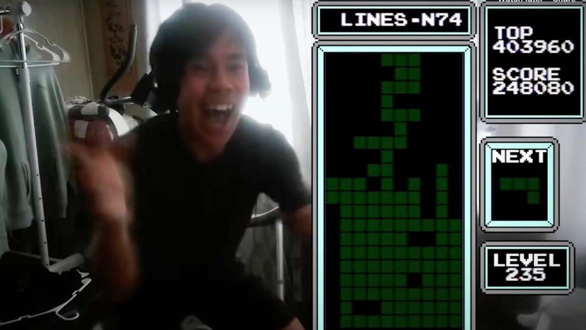 An image of Alex Thach beating world records on Tetris