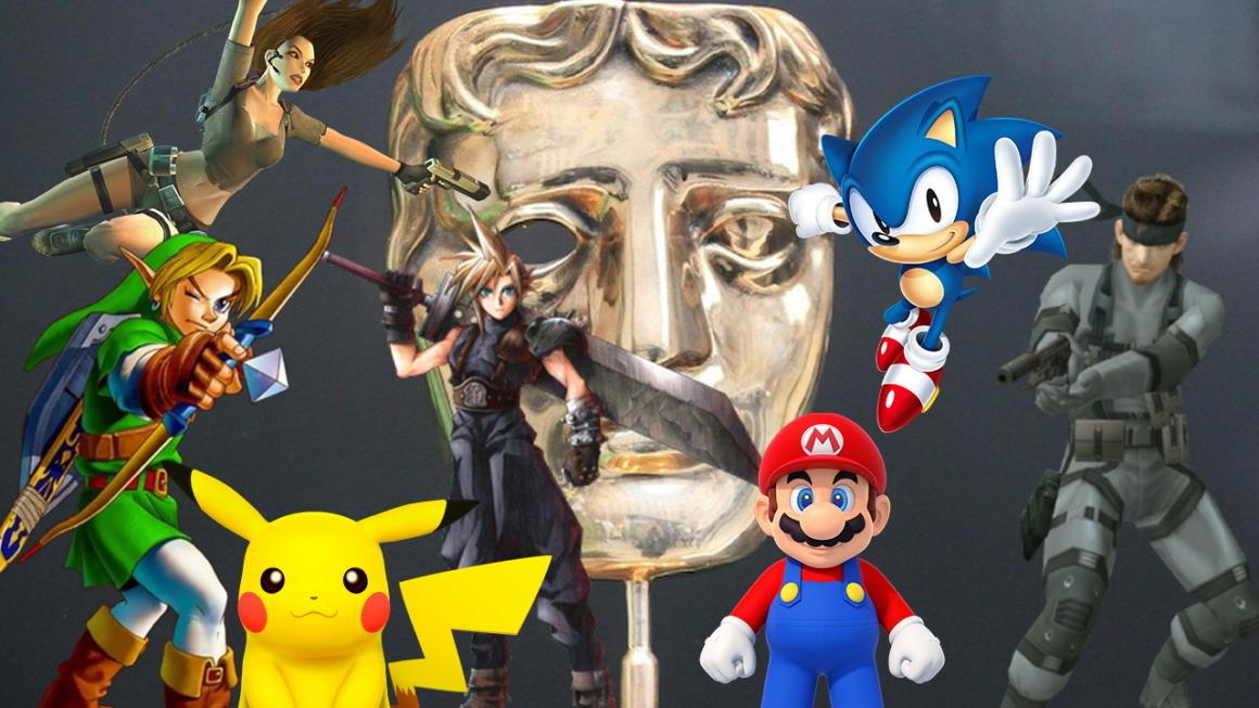 Several of the iconic video game characters in front of a BAFTA award.