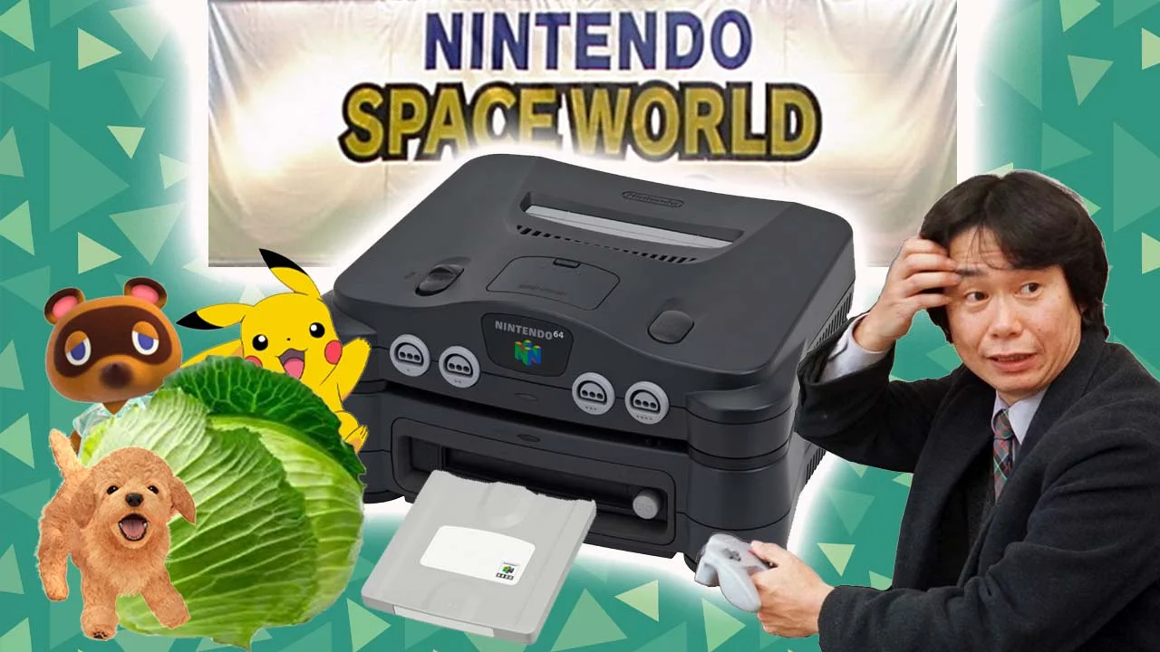 An image showing a confused Shigeru Miyamoto playing an N64DD. There is a cabbage with Ninteno Characters hiding behind it, as well as a banner for the 2000 Spaceworld exhibition