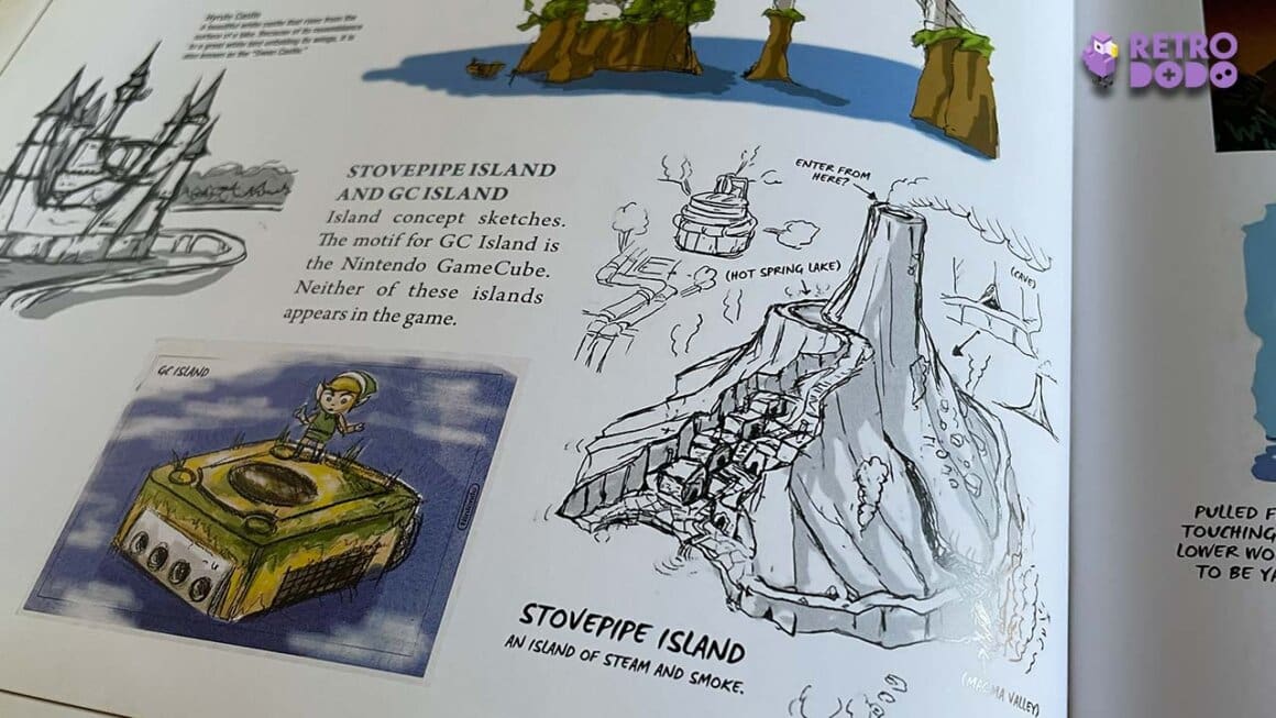 A shot of Seb's Hyrule Historia book showing GameCube Island and Stovepipe Island, two islands that didn't make the cut in the game
