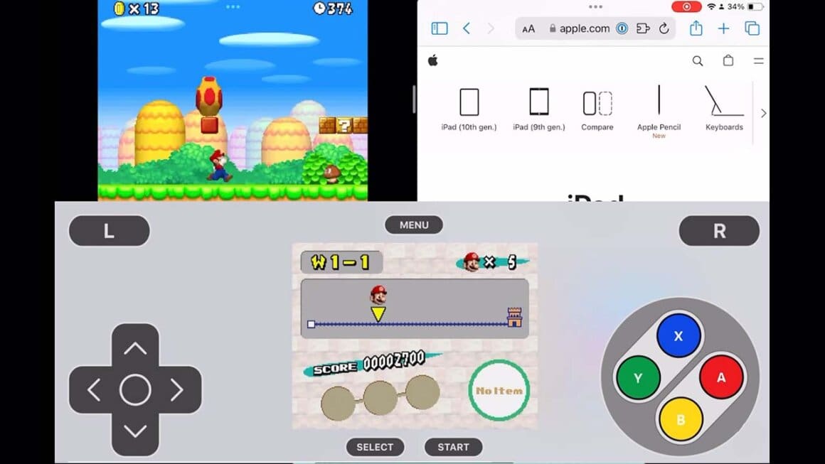 Delta on an iPad, showing Mario running while another web page is open in the background. 