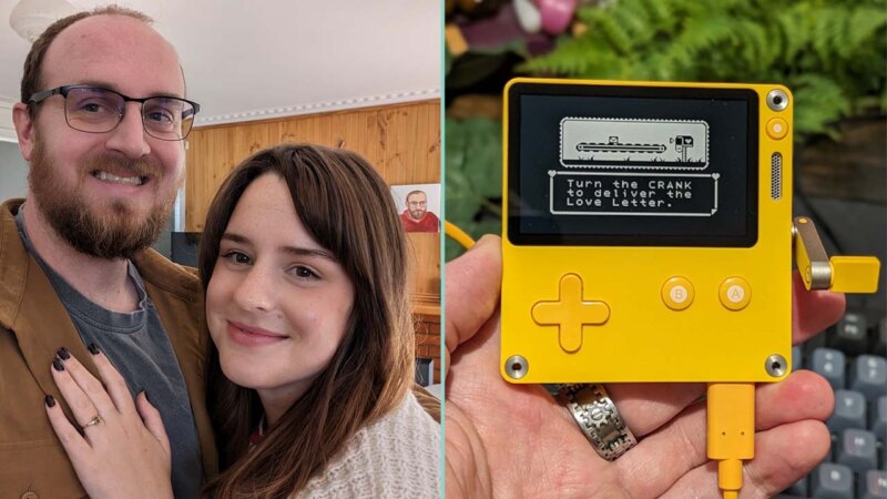 A developer with his fiancé (left) and the playdate handheld (right)