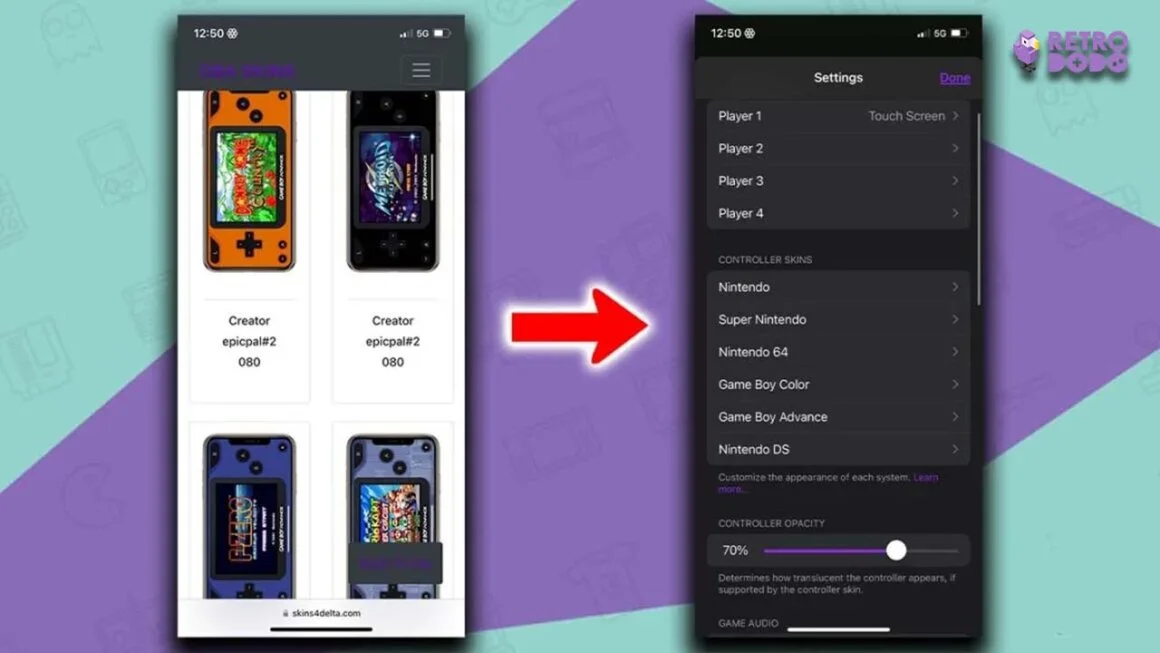 Screenshots showing steps to download skins onto Delta