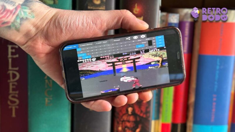 Seb's phone showing a still from a Commodore 64 game