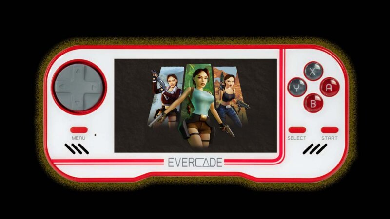 Evercade handheld with Tomb Raider