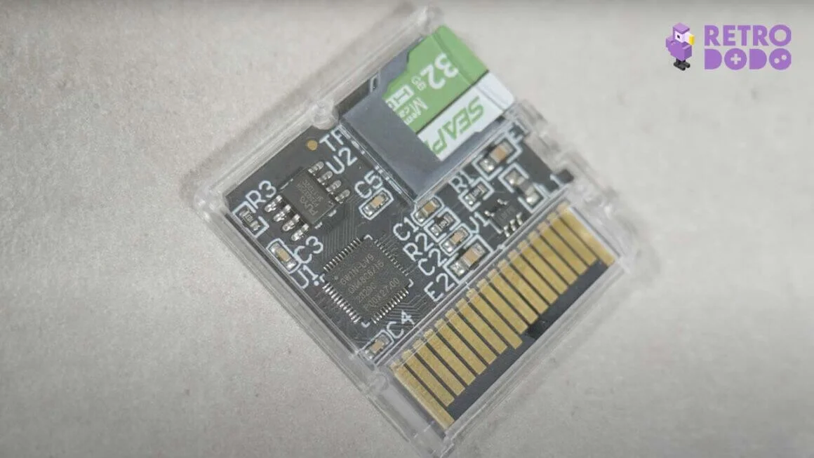 A look at the back of the EZ Flash Parallel showing chips and a micro sd card in situ