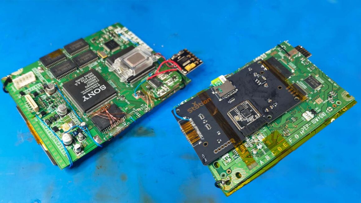 Two sides of the PS Hanami motherboard, folded in half after being taken out of the PS1