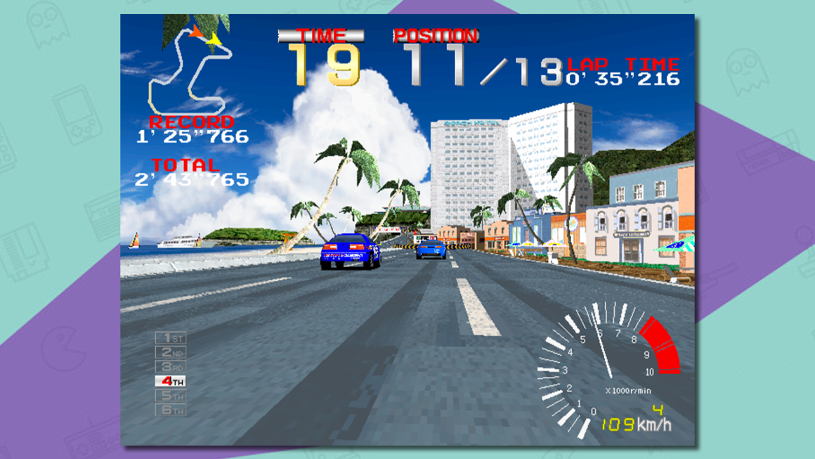 Ridge Racer arcade screenshot of cars racing along a beachside road.