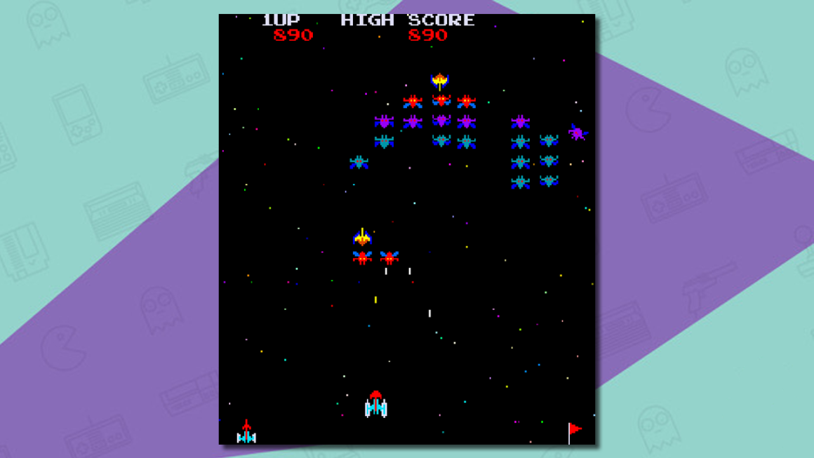 Galaxian gameplay of a ship shooting at enemies.