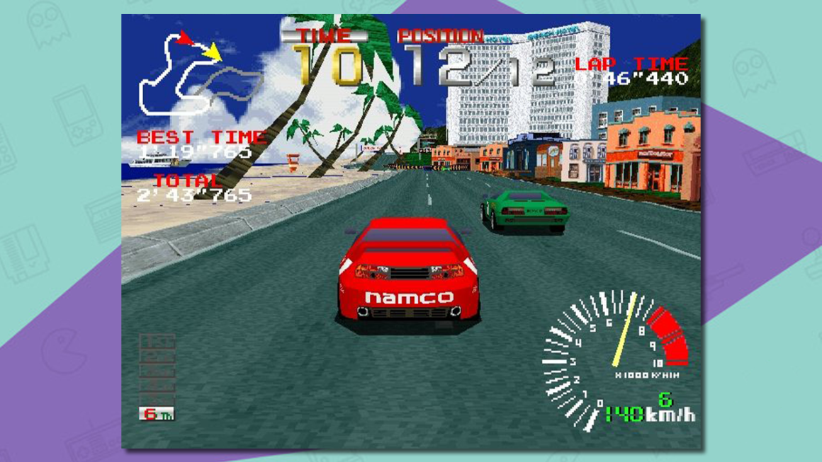 Ridge Racer PlayStation gameplay showing a red and green car racing beside a beach.