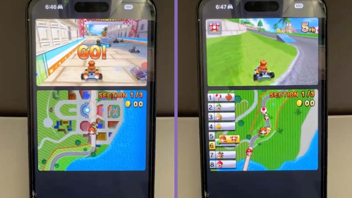 Two images of a 3DS emulator running on iPhone 15