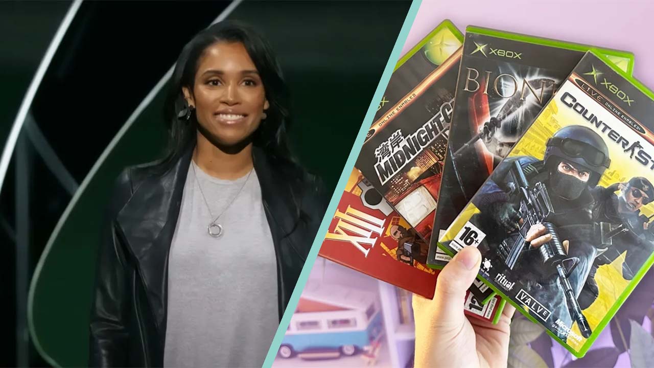 Xbox President Sarah Bond (left) and a collection of Xbox games (right)