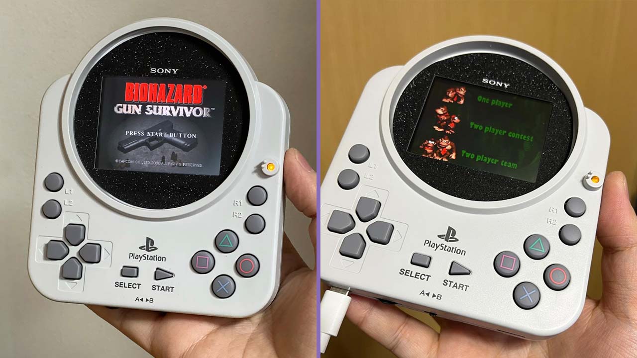 Two images of a modded PS1 controller with a screen