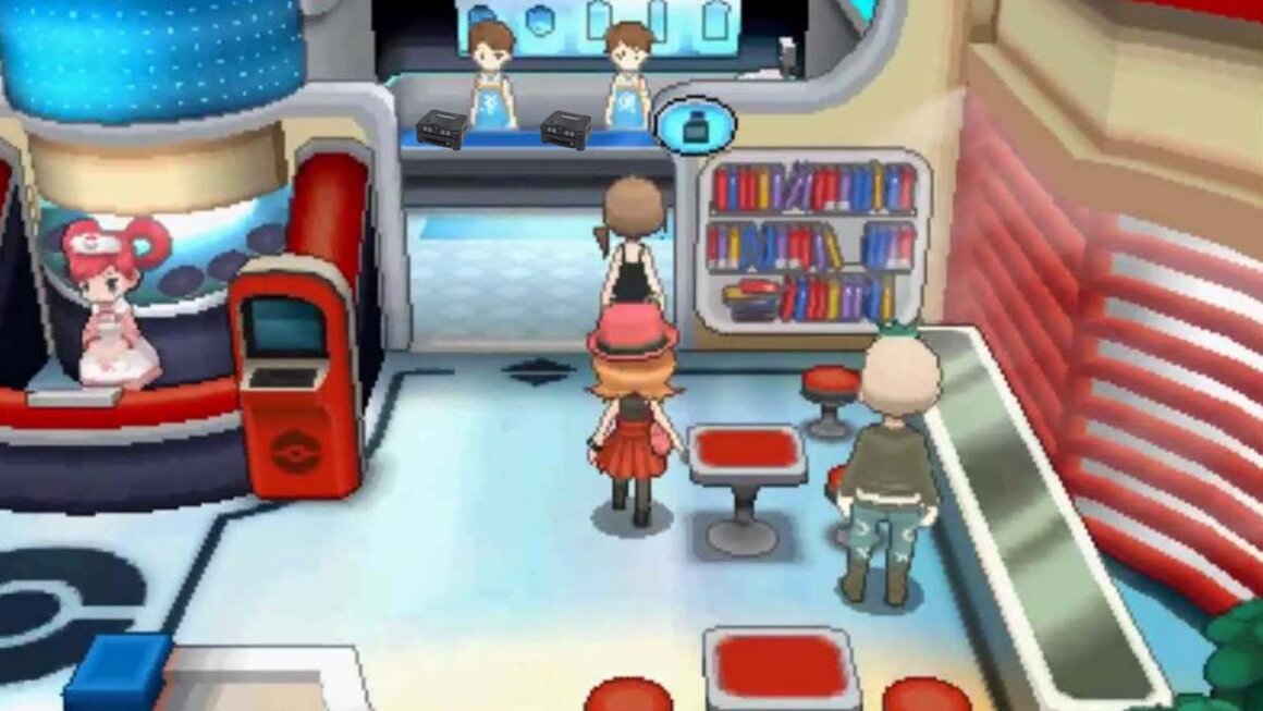 A still of the Poke mart from Pokemon X & Y. Seb has put N64DD consoles on the counter