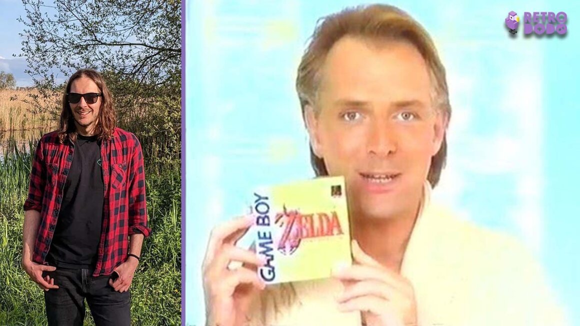Theo's headshot (left) and Rik Mayall holding a Game boy game (right)
