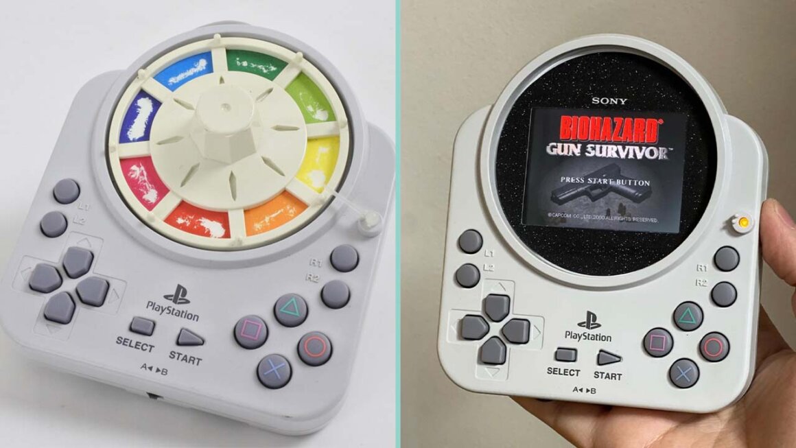 An image of the Roulette Controller for the PS1 (left) and Hairo Satoh's modded handheld (right)