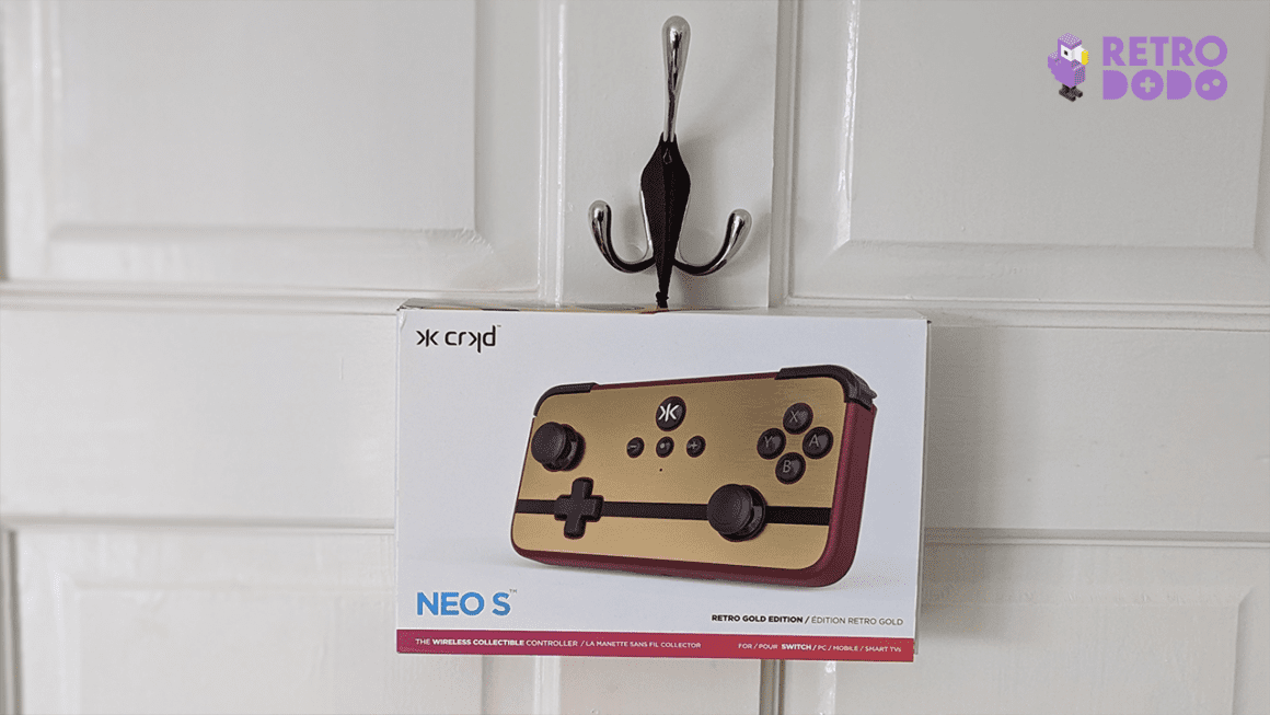 NEO S Controller packaging hanging from a hook