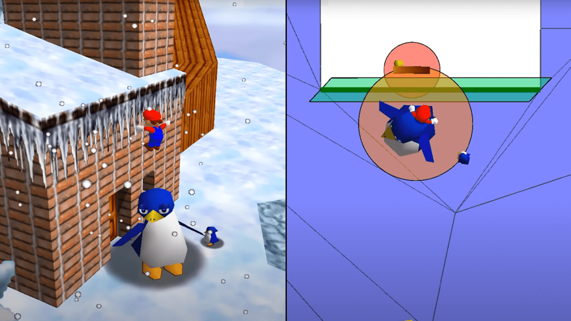 Pannenkoek2012 demonstrates for the collision detection works with the Cool, Cool Mountain door and the mother penguin.