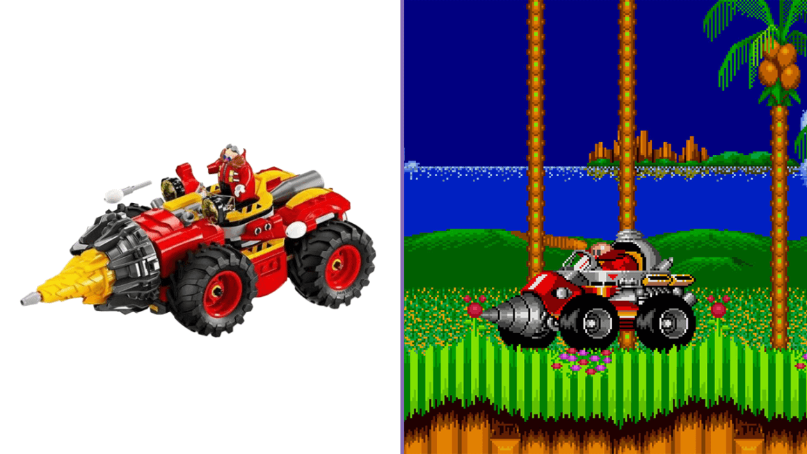 The Egg Drillster in LEGO form and as it appears in Sonic 2