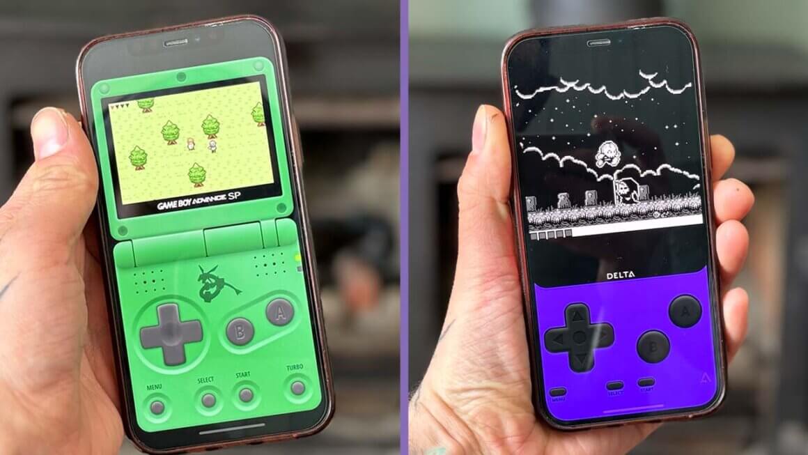 Two images of Seb's phone showing two different emulator skins for Delta