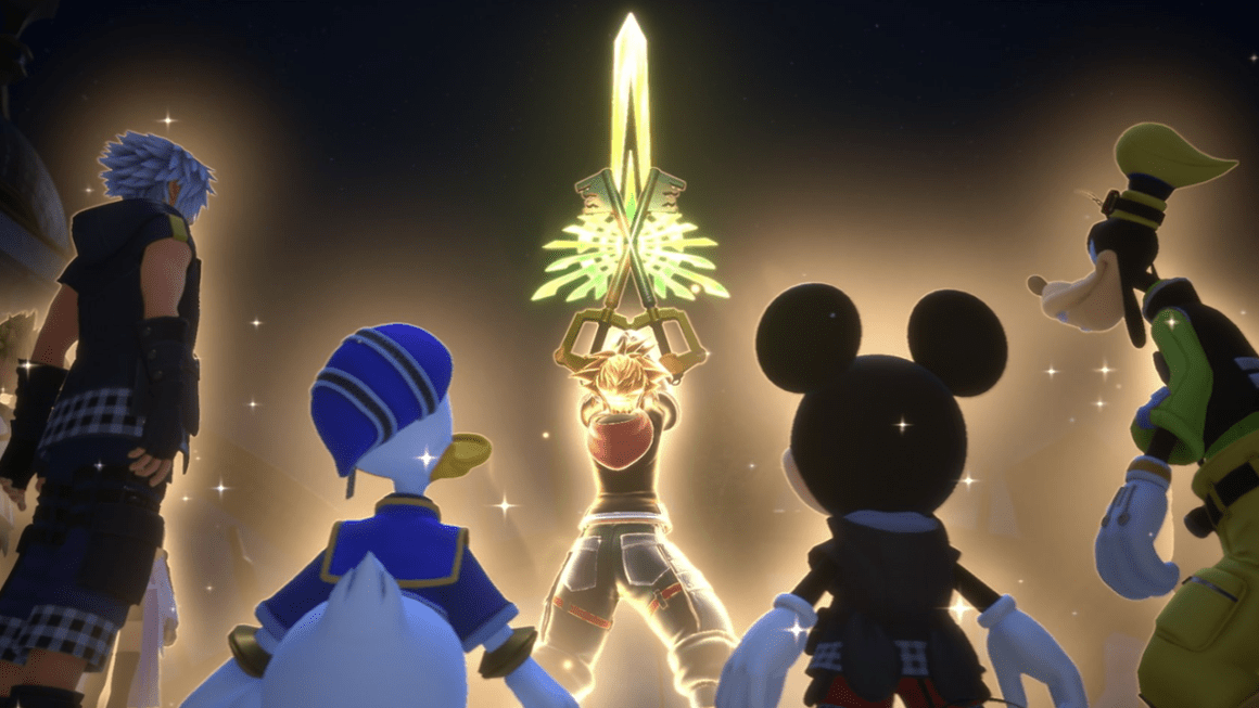 Kingdom Hearts Steam Announcement Trailer image from Square-Enix showing Sora and friends.