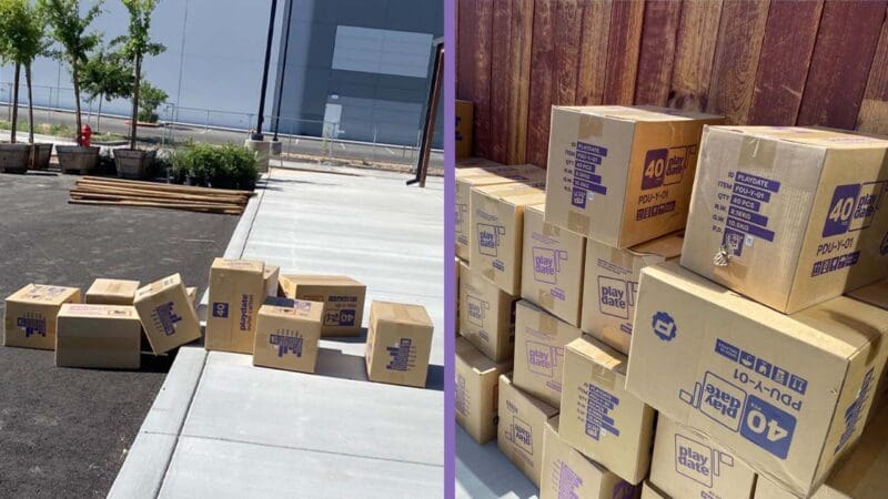 Images of boxes of playdates dumped on a street