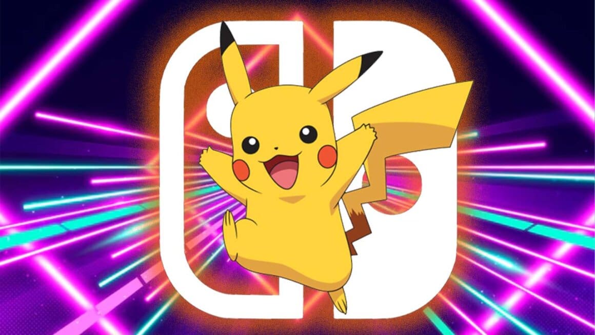 An image of Pikachu jumping in front of a Nintendo Switch logo. There are lasers in the background