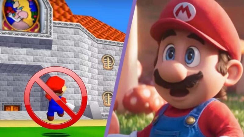 Mario Jumping on the left with a 'no' sign over him, and a surprised mario on the right