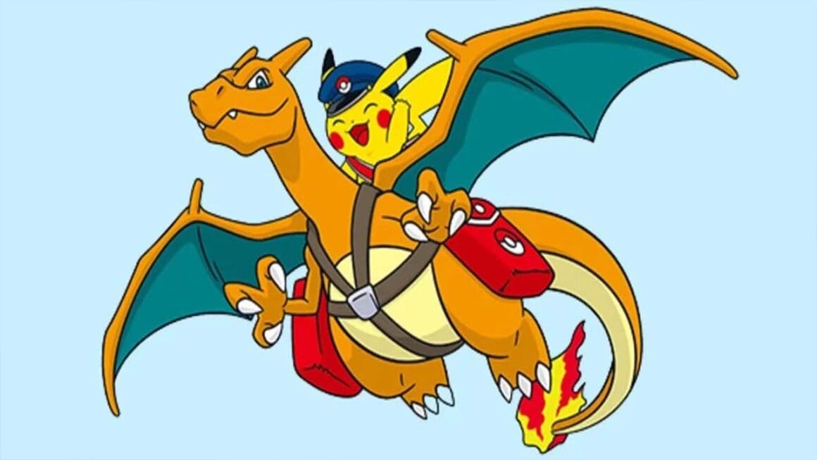 Pikachu riding a Charizard