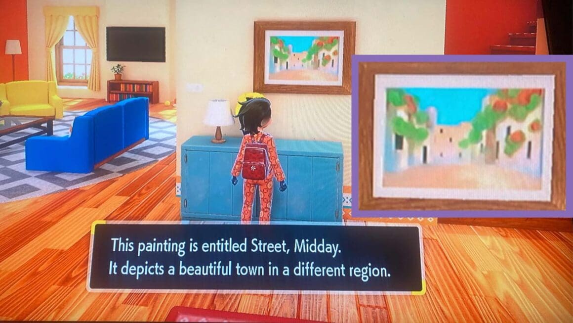 Player in Pokémon Scarlet/Violet looking at a picture on a wall. I have enlarged the picture on the wall to make it easier for the viewer to see.