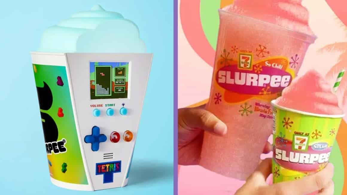 Image of the Slurpee handheld (left) and an actual Slurpee (right)