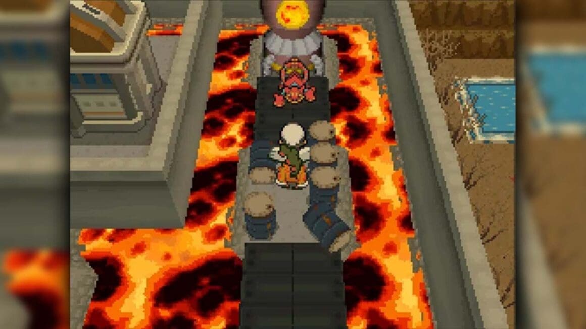 Pokémon Mythic Silver moving towards a character on a level over lava