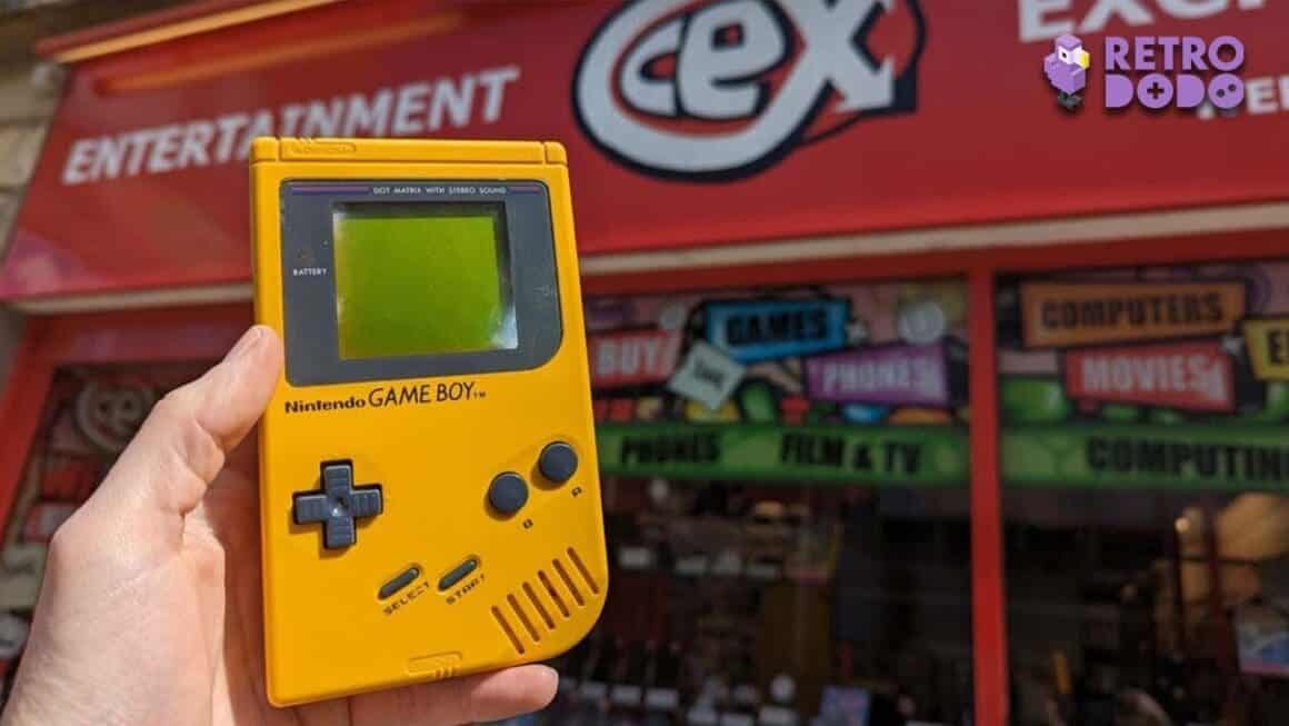 A yellow Game boy DMG outside of CEX