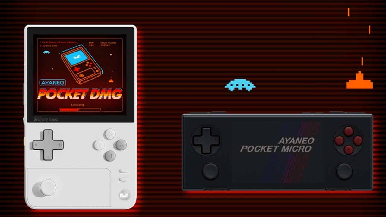 Ayaneo Pocket DMG and Micro handhelds on a promo image