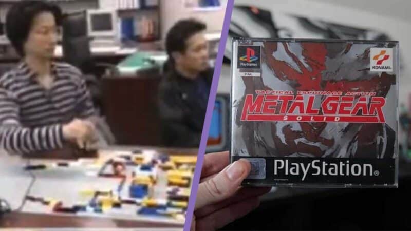 Kojima making a level using LEGO (left) and the game case for Metal Gear Solid (right)