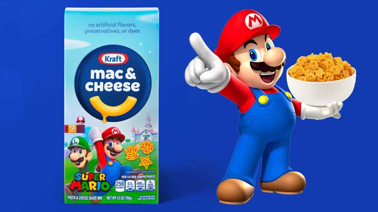 Super Mario holding a bowl of Mac & Cheese