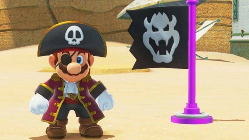 Pirate Mario next to a Bowser flag