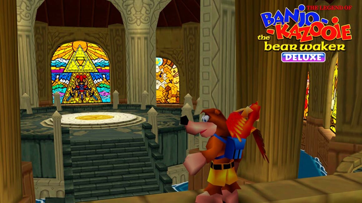 Banjo and Kazooie standing underneath the waves in Hyrule