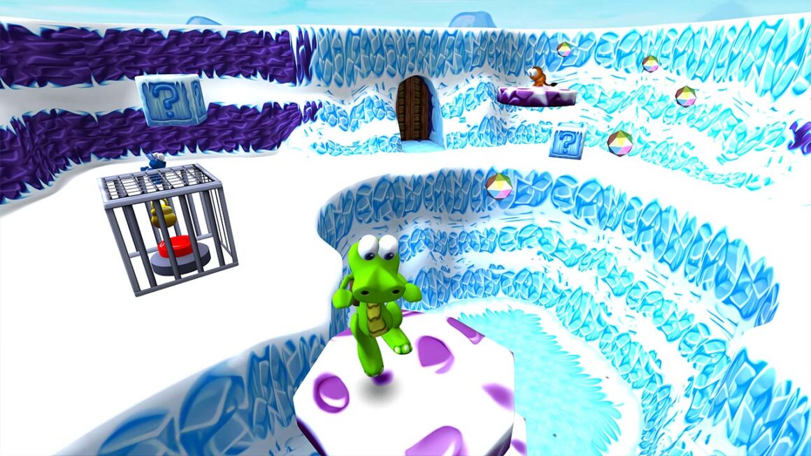 Croc standing on a purple and white platform in an icy world