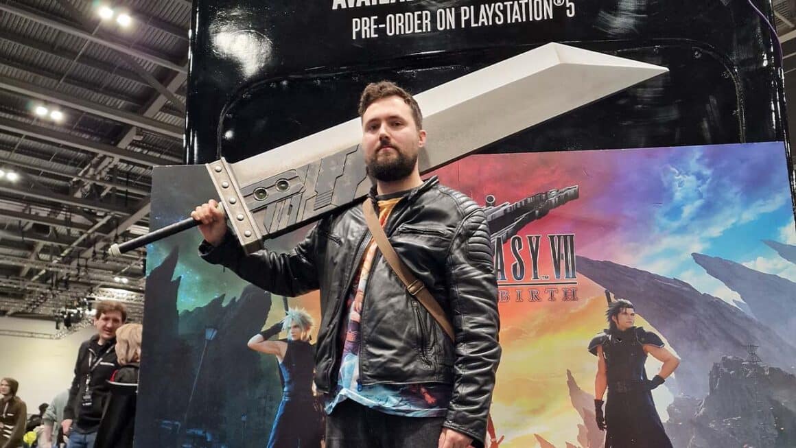 Jamie Colliver holding a sword from Final Fantasy 7