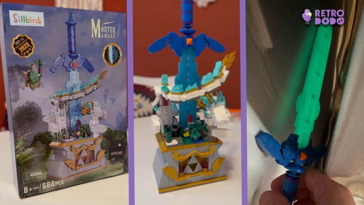 Three pictures showing the box of the Master Sword set, the figure completed, and the sword glowing in the dark