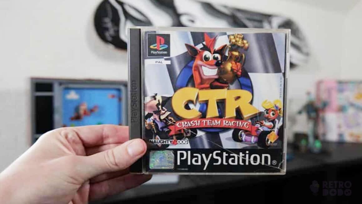 Crash Team Racing game case for the PS1 held by Rob