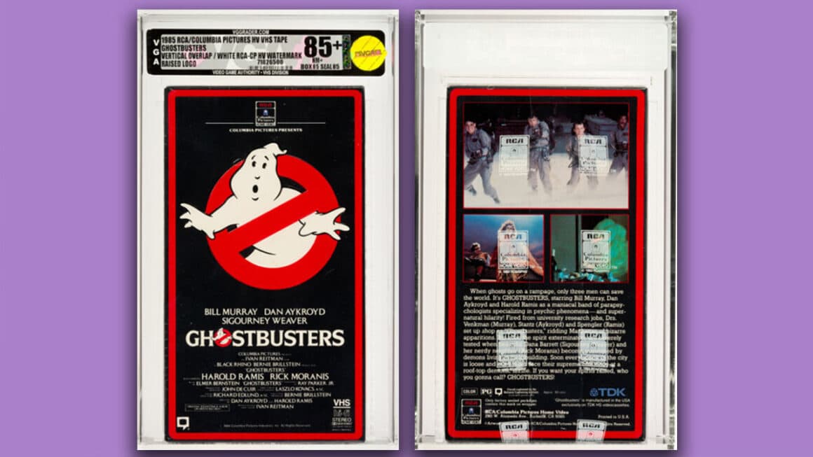 A copy of Ghostbusters on VHS from 1985