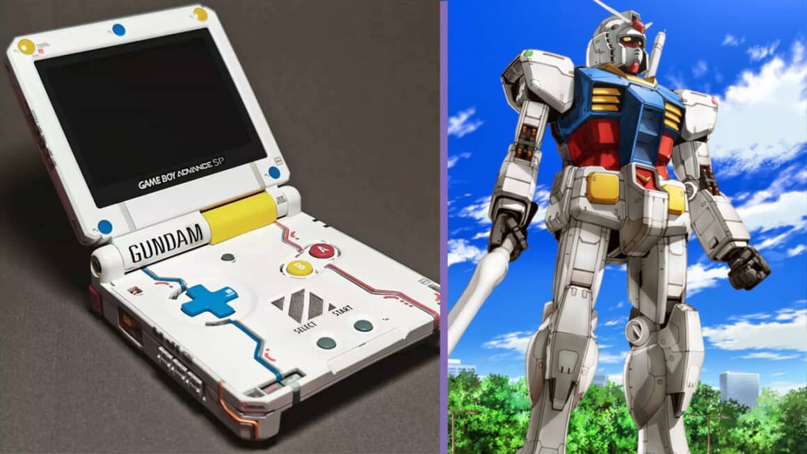 The screen of the Gundam inspired GBA SP (left) with a picture of RX-78-2 (right)