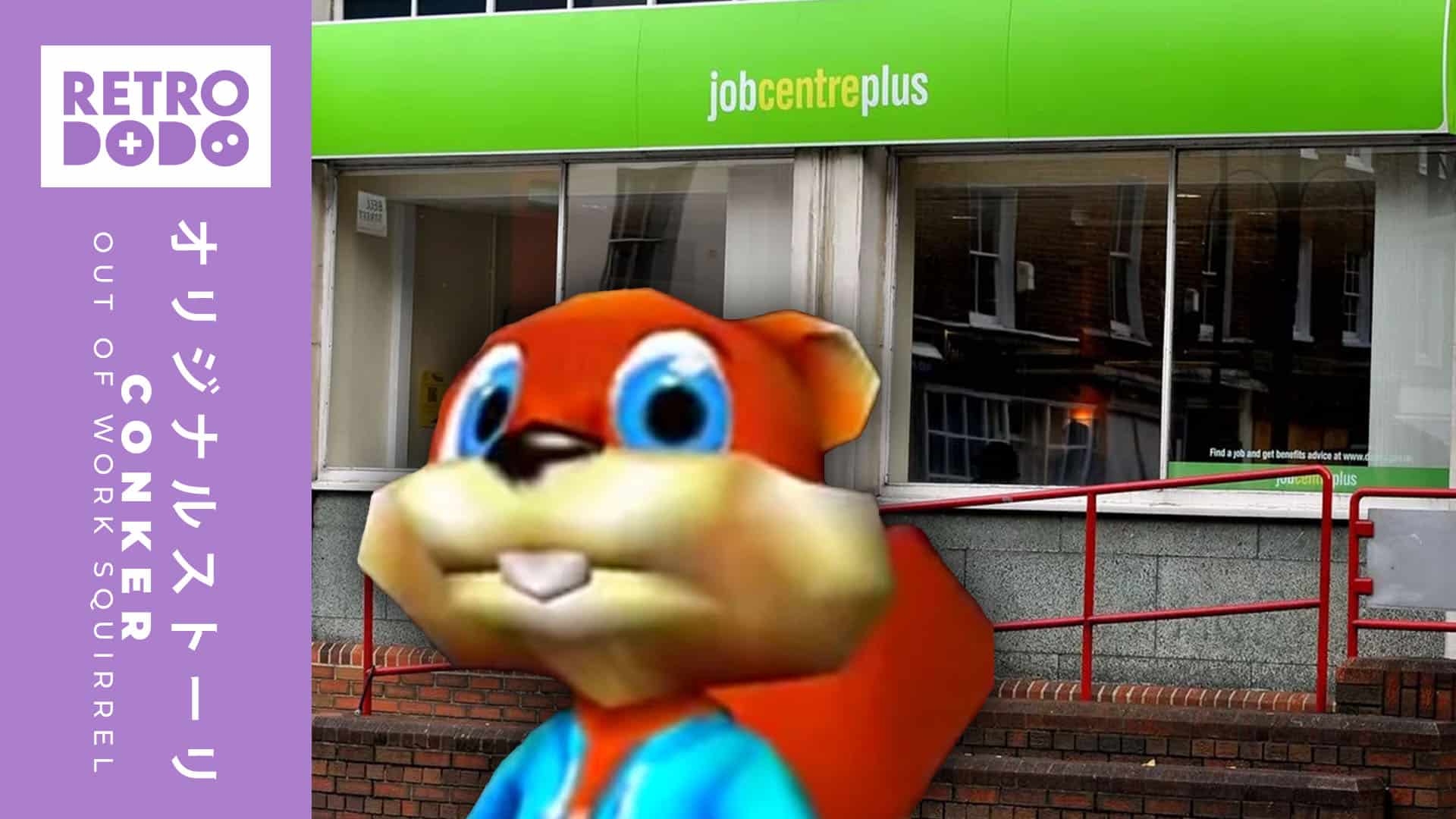 Conker standing outside of a job centre