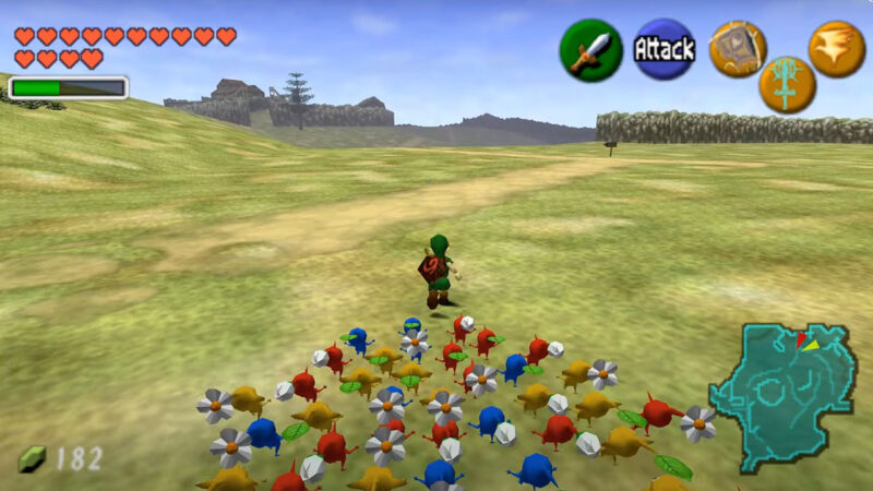 Pikmin running around Hyrule Field behind Link