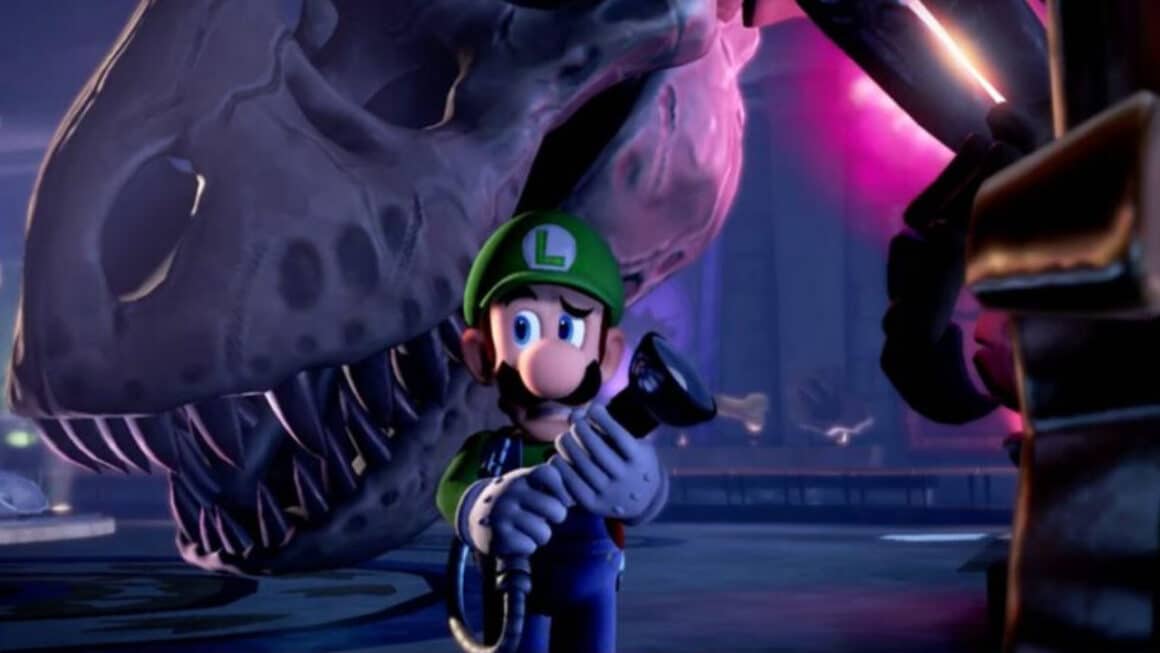 Luigi with a ghost dinosaur behind him