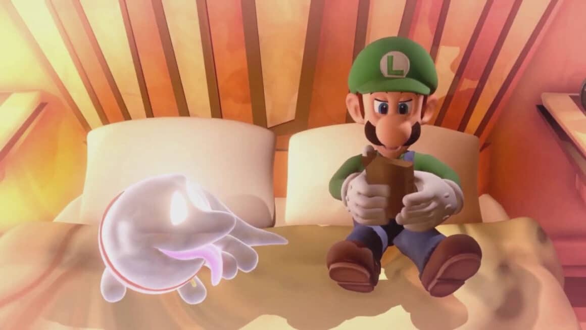 Luigi in Bed with the polterpup ghost dog