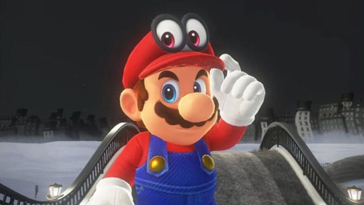 Mario holding Cappy on a bridge