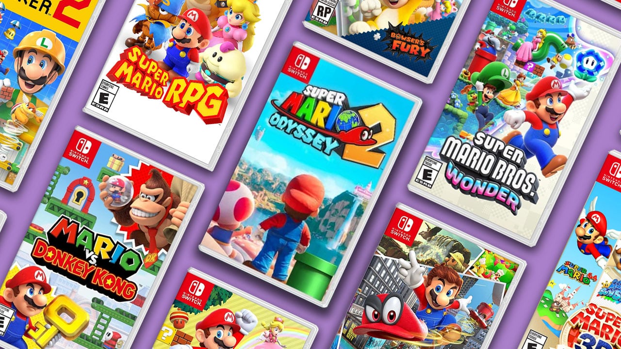 A selection of Super Mario Switch games with our mockup of Super Mario Odyssey 2 in the middle